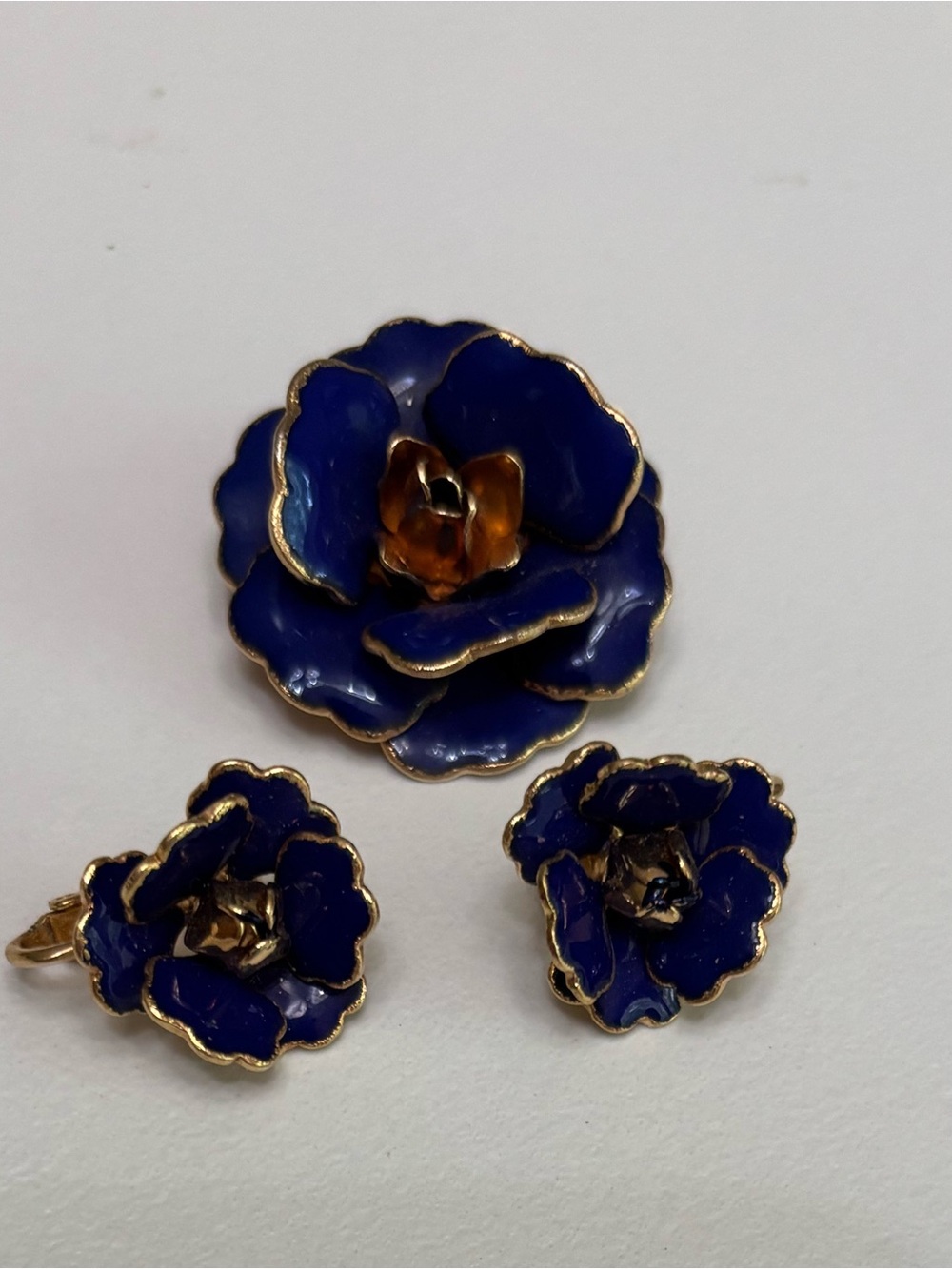 Gold-Trim Navy Blue Enamel Flower Brooch and clip Earrings Set
